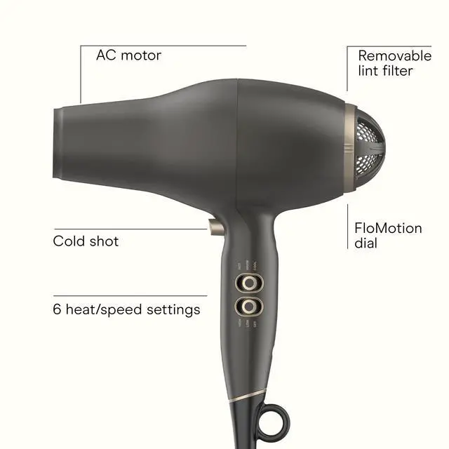 Alt view image 2 of 7 - FloMotion Pro Hair Dryer, Personalize Your Drying Experience with Adjustable Airflow and 6 Heat/Speed Settings, Blow Dryer with Diffuser and Concentrator Attachments, Black