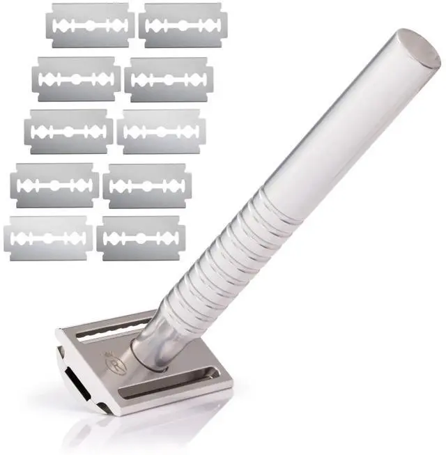 Main image of Jupiter Aluminum Safety Razor for Men - Double Edge Shaving Razor, CNC-Machined - Made in UK - Aerospace Grade, Textured Grip, Suitable All Skin Types - Includes 10 Blades - Silver