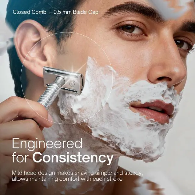 Alt view image 4 of 7 - Jupiter Aluminum Safety Razor for Men - Double Edge Shaving Razor, CNC-Machined - Made in UK - Aerospace Grade, Textured Grip, Suitable All Skin Types - Includes 10 Blades - Silver