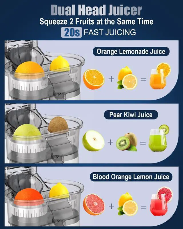 Alt view image 2 of 5 - Electric Juicer Machines with Double Head and Built-in Fruit Cutter, Fast Citrus Juicer for Oranges, Lemons, Limes & Grapefruits, Powerful Lemon Juicer for Home, Kitchen and Daily Fresh Drinks