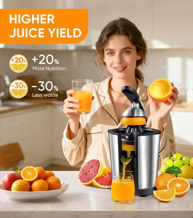 Alt view image 2 of 7 - Electric Orange Juicer, Citrus Juicer Squeezer with 2 Cones and Soft Grip Handle for Effortless Juicing, Stainless Steel Quiet Orange Juice Extractor Machines for Lime Grapefruit Lemon
