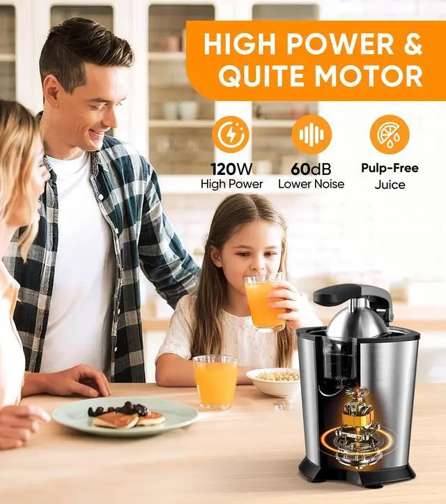 Alt view image 3 of 7 - Electric Orange Juicer, Citrus Juicer Squeezer with 2 Cones and Soft Grip Handle for Effortless Juicing, Stainless Steel Quiet Orange Juice Extractor Machines for Lime Grapefruit Lemon