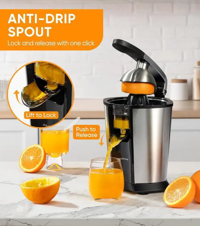 Alt view image 4 of 7 - Electric Orange Juicer, Citrus Juicer Squeezer with 2 Cones and Soft Grip Handle for Effortless Juicing, Stainless Steel Quiet Orange Juice Extractor Machines for Lime Grapefruit Lemon