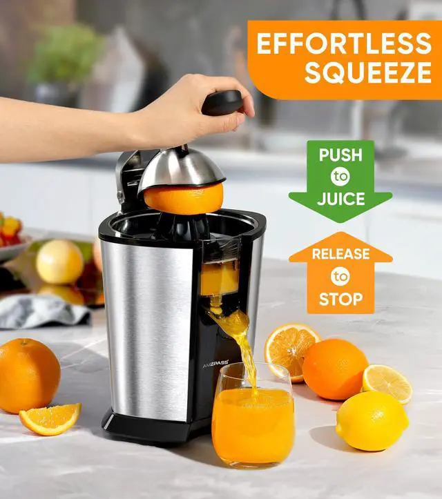 Alt view image 5 of 7 - Electric Orange Juicer, Citrus Juicer Squeezer with 2 Cones and Soft Grip Handle for Effortless Juicing, Stainless Steel Quiet Orange Juice Extractor Machines for Lime Grapefruit Lemon