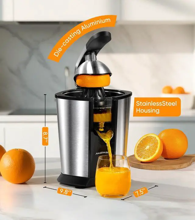 Alt view image 6 of 7 - Electric Orange Juicer, Citrus Juicer Squeezer with 2 Cones and Soft Grip Handle for Effortless Juicing, Stainless Steel Quiet Orange Juice Extractor Machines for Lime Grapefruit Lemon