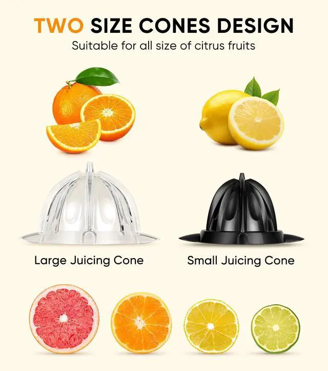 Alt view image 7 of 7 - Electric Orange Juicer, Citrus Juicer Squeezer with 2 Cones and Soft Grip Handle for Effortless Juicing, Stainless Steel Quiet Orange Juice Extractor Machines for Lime Grapefruit Lemon