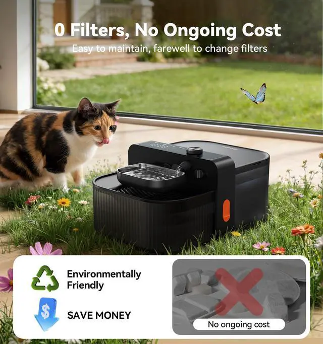 Alt view image 3 of 7 - Wireless No Filters Cat Water Fountain, Wastewater Separation, Stainless Steel Bowl, 3000mAh 3.5L Pet Water Fountain for Indoor Cats & Dogs Dispenser, Black