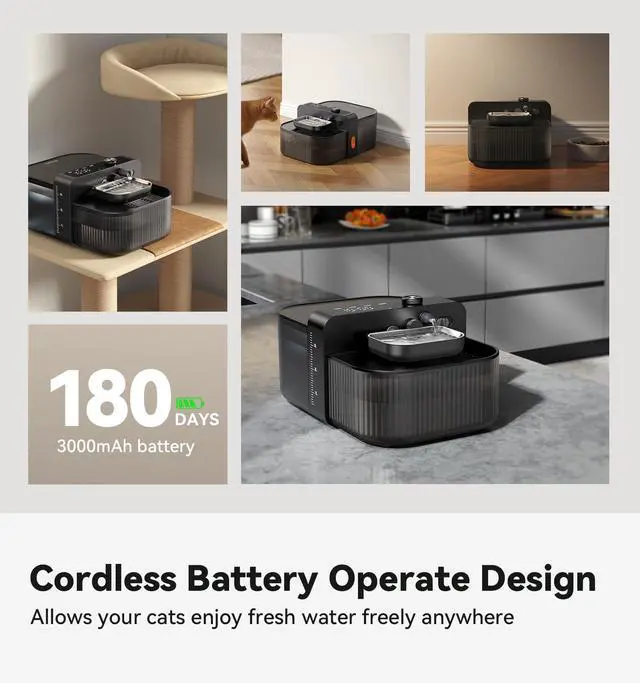 Alt view image 4 of 7 - Wireless No Filters Cat Water Fountain, Wastewater Separation, Stainless Steel Bowl, 3000mAh 3.5L Pet Water Fountain for Indoor Cats & Dogs Dispenser, Black