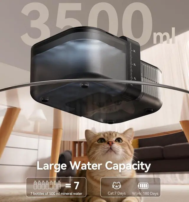 Alt view image 6 of 7 - Wireless No Filters Cat Water Fountain, Wastewater Separation, Stainless Steel Bowl, 3000mAh 3.5L Pet Water Fountain for Indoor Cats & Dogs Dispenser, Black