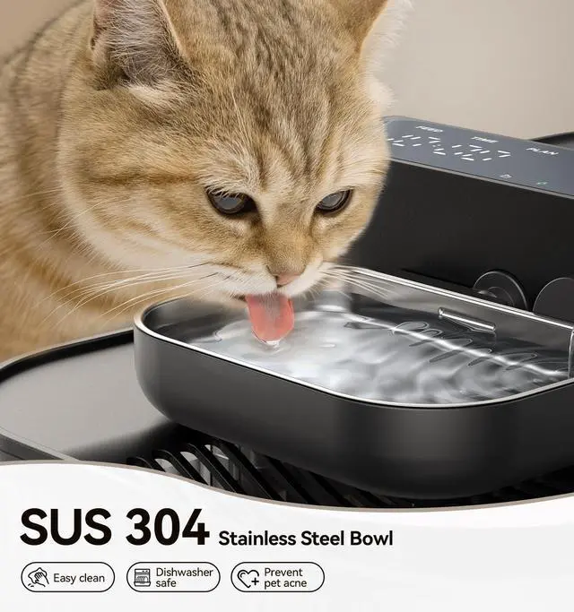 Alt view image 5 of 7 - Wireless No Filters Cat Water Fountain, Wastewater Separation, Stainless Steel Bowl, 3000mAh 3.5L Pet Water Fountain for Indoor Cats & Dogs Dispenser, Black