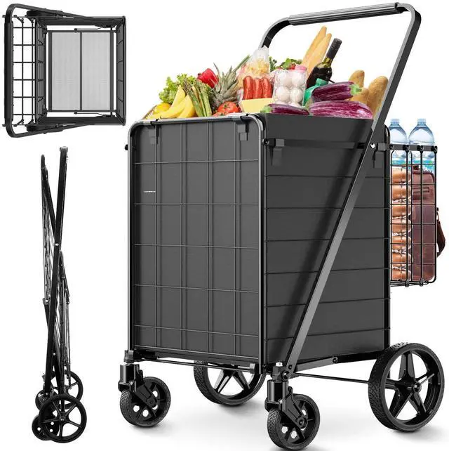 Main image of Folding Shopping Cart for Groceries,360 lbs Capacity Grocery Cart with Waterproof Liner and 360° Swiveling Wheels Collapsible Shopping Carts with Double Basket for Condo Laundry Transport Trip
