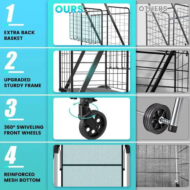 Alt view image 2 of 7 - Folding Shopping Cart for Groceries,360 lbs Capacity Grocery Cart with Waterproof Liner and 360° Swiveling Wheels Collapsible Shopping Carts with Double Basket for Condo Laundry Transport Trip