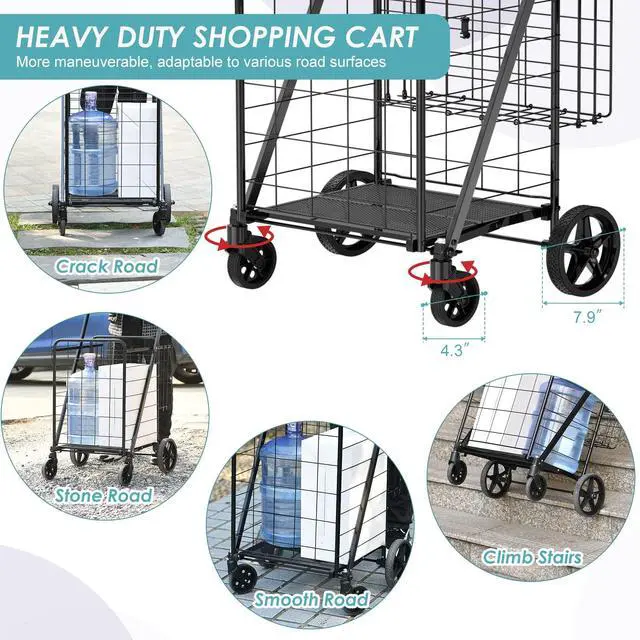 Alt view image 4 of 7 - Folding Shopping Cart for Groceries,360 lbs Capacity Grocery Cart with Waterproof Liner and 360° Swiveling Wheels Collapsible Shopping Carts with Double Basket for Condo Laundry Transport Trip