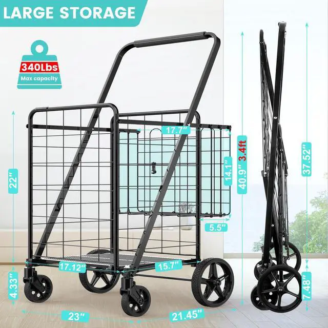 Alt view image 5 of 7 - Folding Shopping Cart for Groceries,360 lbs Capacity Grocery Cart with Waterproof Liner and 360° Swiveling Wheels Collapsible Shopping Carts with Double Basket for Condo Laundry Transport Trip
