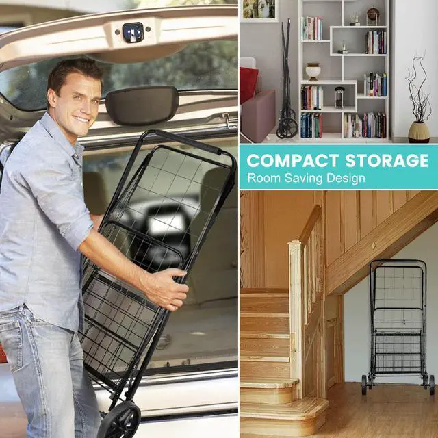 Alt view image 6 of 7 - Folding Shopping Cart for Groceries,360 lbs Capacity Grocery Cart with Waterproof Liner and 360° Swiveling Wheels Collapsible Shopping Carts with Double Basket for Condo Laundry Transport Trip