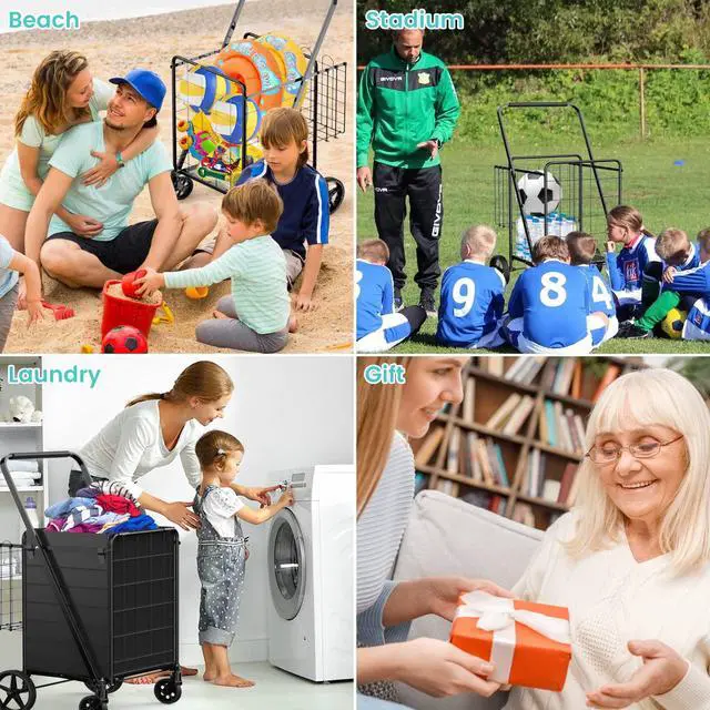 Alt view image 7 of 7 - Folding Shopping Cart for Groceries,360 lbs Capacity Grocery Cart with Waterproof Liner and 360° Swiveling Wheels Collapsible Shopping Carts with Double Basket for Condo Laundry Transport Trip