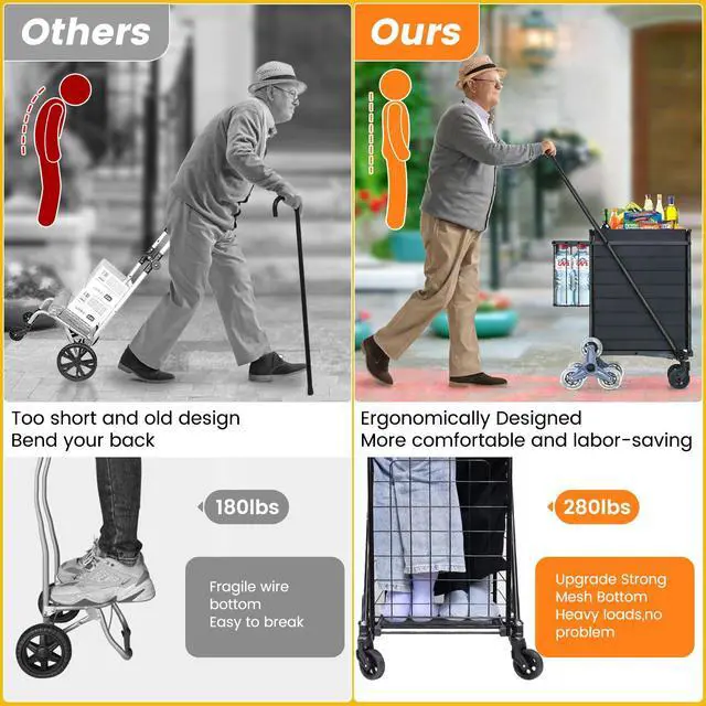 Alt view image 3 of 7 - Shopping Cart for Groceries, 280 LBS Large Grocery Cart with Waterproof Liner, 360° Rolling Swivel Wheels, Heavy Duty Utility Cart Folding Shopping Carts for Laundry Luggage Gift