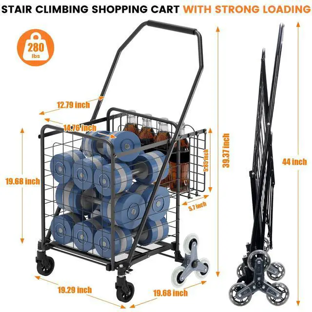 Alt view image 4 of 7 - Shopping Cart for Groceries, 280 LBS Large Grocery Cart with Waterproof Liner, 360° Rolling Swivel Wheels, Heavy Duty Utility Cart Folding Shopping Carts for Laundry Luggage Gift