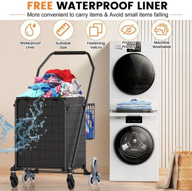 Alt view image 7 of 7 - Shopping Cart for Groceries, 280 LBS Large Grocery Cart with Waterproof Liner, 360° Rolling Swivel Wheels, Heavy Duty Utility Cart Folding Shopping Carts for Laundry Luggage Gift