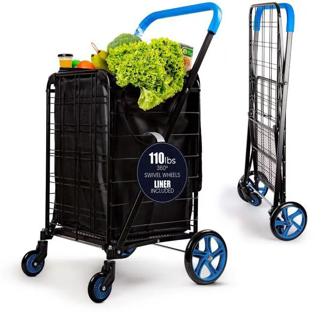 Main image of Large Folding Utility Shopping Cart with Removable Liner Heavy Duty, 360° Swivel Wheels, 110 lb Capacity, Portable for Groceries, Laundry, Luggage, and More (Blue)