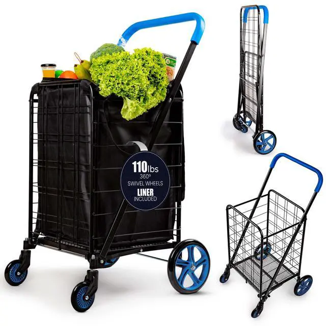 Alt view image 2 of 7 - Large Folding Utility Shopping Cart with Removable Liner Heavy Duty, 360° Swivel Wheels, 110 lb Capacity, Portable for Groceries, Laundry, Luggage, and More (Blue)