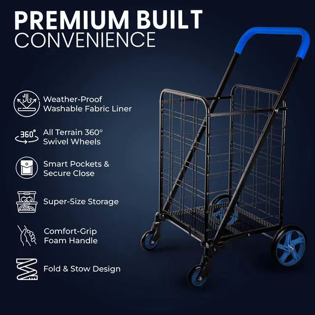 Alt view image 4 of 7 - Large Folding Utility Shopping Cart with Removable Liner Heavy Duty, 360° Swivel Wheels, 110 lb Capacity, Portable for Groceries, Laundry, Luggage, and More (Blue)