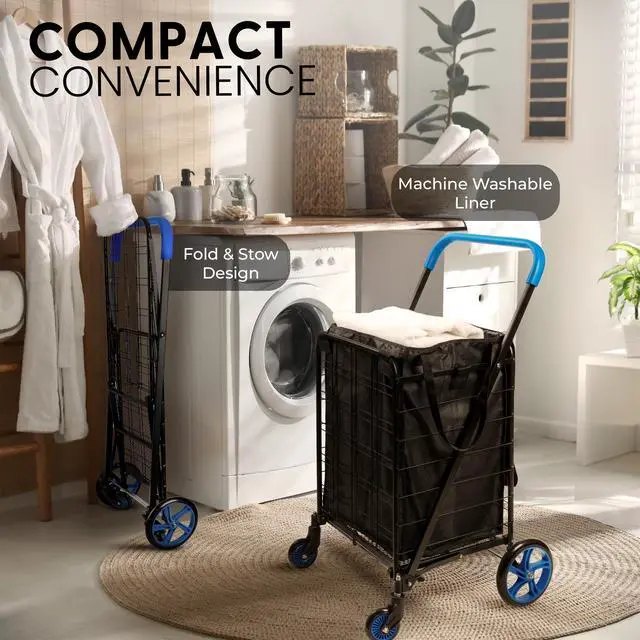 Alt view image 7 of 7 - Large Folding Utility Shopping Cart with Removable Liner Heavy Duty, 360° Swivel Wheels, 110 lb Capacity, Portable for Groceries, Laundry, Luggage, and More (Blue)