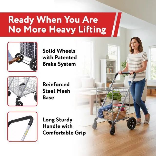 Alt view image 2 of 7 - Cruiser Cart Deluxe 2 - Foldable Shopping Cart with Wheels & Brake System - Heavy Duty Collapsible Utility Cart for Groceries & Laundry - Holds 100 lbs - Silver, Alloy Steel