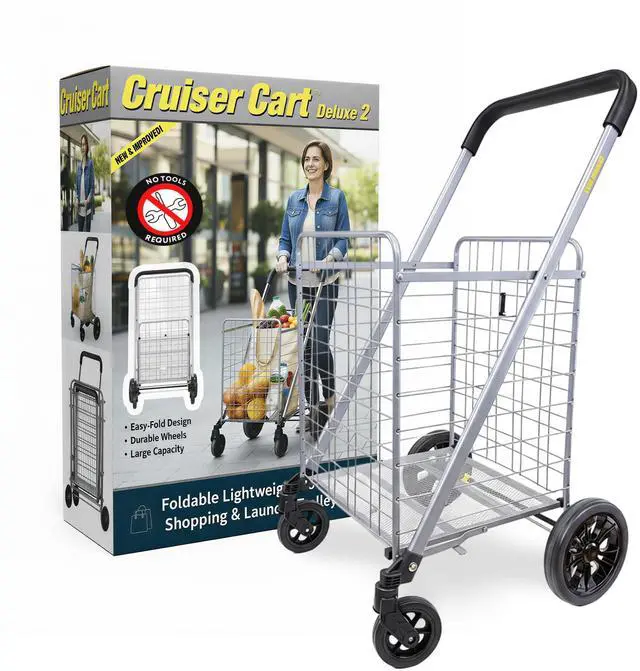 Main image of Cruiser Cart Deluxe 2 - Foldable Shopping Cart with Wheels & Brake System - Heavy Duty Collapsible Utility Cart for Groceries & Laundry - Holds 100 lbs - Silver, Alloy Steel