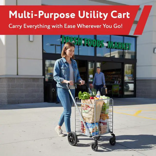 Alt view image 5 of 7 - Cruiser Cart Deluxe 2 - Foldable Shopping Cart with Wheels & Brake System - Heavy Duty Collapsible Utility Cart for Groceries & Laundry - Holds 100 lbs - Silver, Alloy Steel