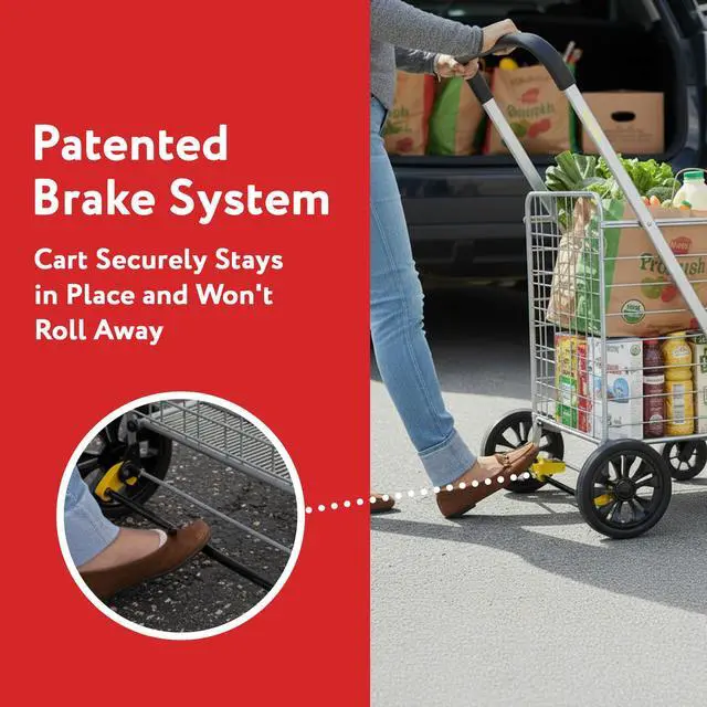 Alt view image 6 of 7 - Cruiser Cart Deluxe 2 - Foldable Shopping Cart with Wheels & Brake System - Heavy Duty Collapsible Utility Cart for Groceries & Laundry - Holds 100 lbs - Silver, Alloy Steel