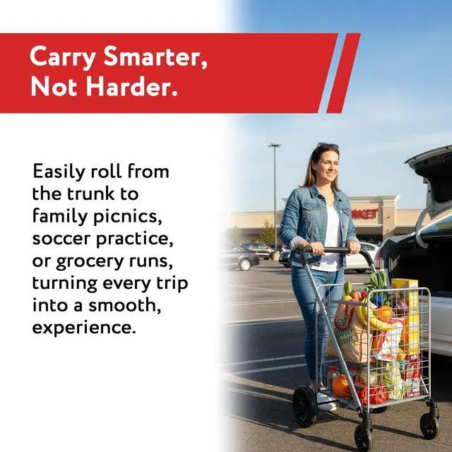 Alt view image 7 of 7 - Cruiser Cart Deluxe 2 - Foldable Shopping Cart with Wheels & Brake System - Heavy Duty Collapsible Utility Cart for Groceries & Laundry - Holds 100 lbs - Silver, Alloy Steel