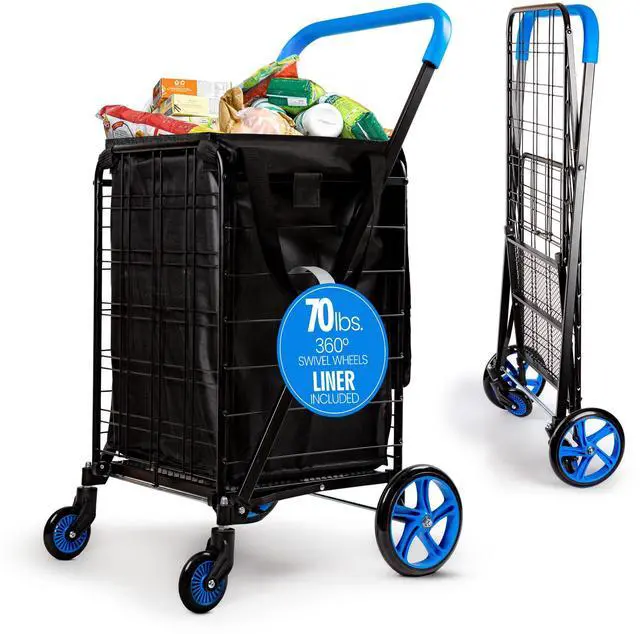 Main image of Small Compact Folding Shopping Cart with Removable Waterproof Liner 360° Swivel Wheels, RustProof Steel Frame, 70lb Capacity Portable Grocery, Laundry & Travel Cart (Blue)