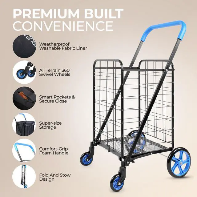 Alt view image 2 of 7 - Small Compact Folding Shopping Cart with Removable Waterproof Liner 360° Swivel Wheels, RustProof Steel Frame, 70lb Capacity Portable Grocery, Laundry & Travel Cart (Blue)