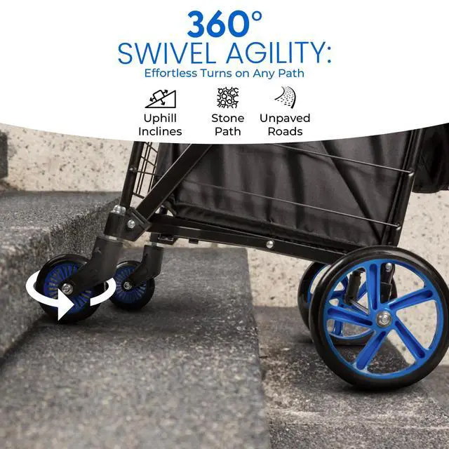 Alt view image 5 of 7 - Small Compact Folding Shopping Cart with Removable Waterproof Liner 360° Swivel Wheels, RustProof Steel Frame, 70lb Capacity Portable Grocery, Laundry & Travel Cart (Blue)