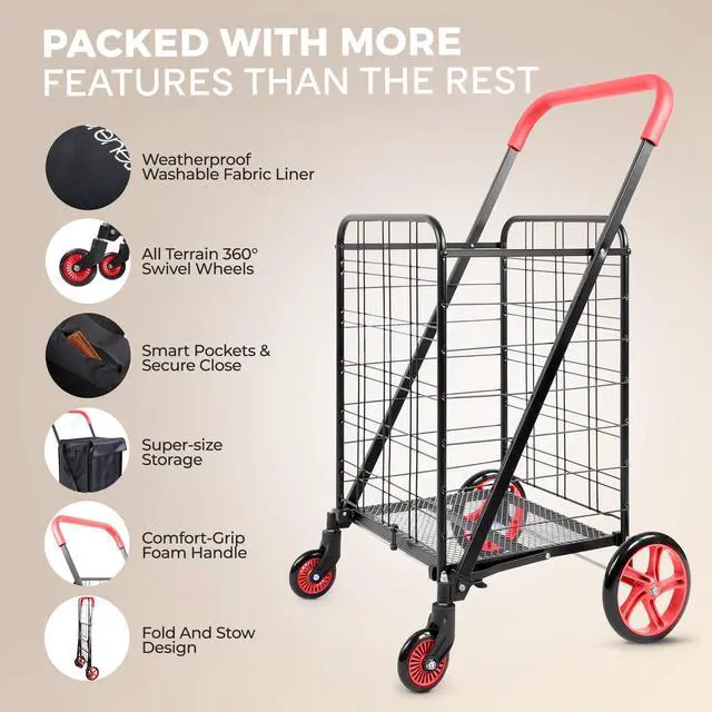 Alt view image 2 of 7 - Small Compact Folding Shopping Cart with Removable Waterproof Liner 360° Swivel Wheels, RustProof Steel Frame, 70lb Capacity Portable Grocery, Laundry & Travel Cart (Red)