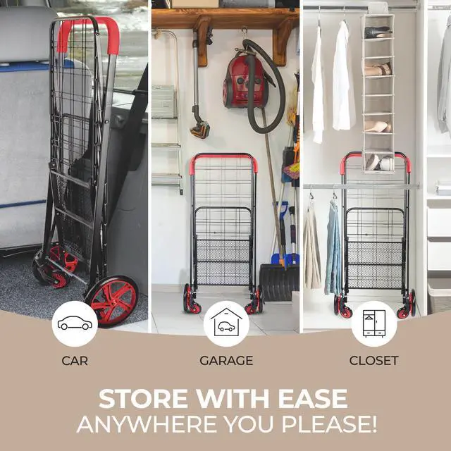 Alt view image 4 of 7 - Small Compact Folding Shopping Cart with Removable Waterproof Liner 360° Swivel Wheels, RustProof Steel Frame, 70lb Capacity Portable Grocery, Laundry & Travel Cart (Red)