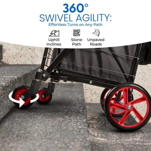 Alt view image 5 of 7 - Small Compact Folding Shopping Cart with Removable Waterproof Liner 360° Swivel Wheels, RustProof Steel Frame, 70lb Capacity Portable Grocery, Laundry & Travel Cart (Red)
