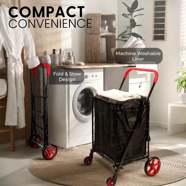 Alt view image 6 of 7 - Small Compact Folding Shopping Cart with Removable Waterproof Liner 360° Swivel Wheels, RustProof Steel Frame, 70lb Capacity Portable Grocery, Laundry & Travel Cart (Red)