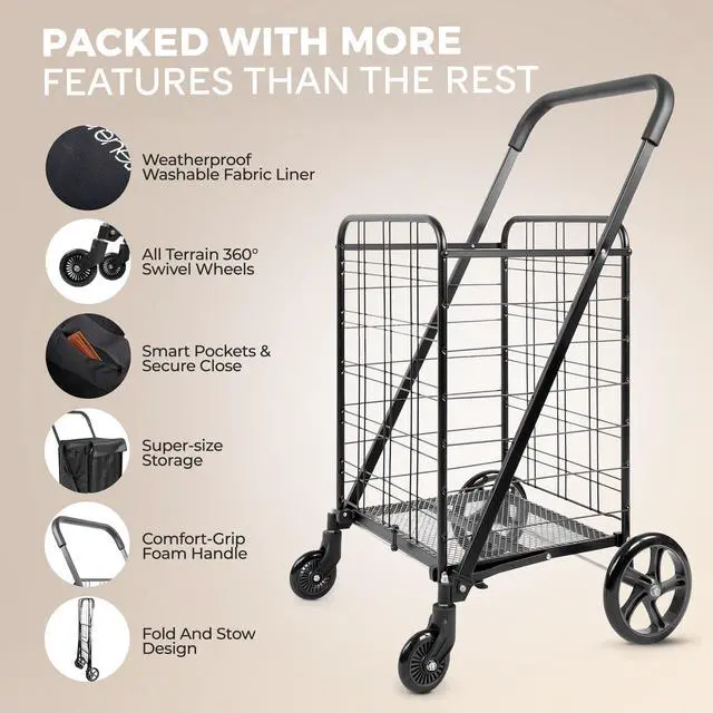 Alt view image 2 of 7 - Small Compact Folding Shopping Cart with Removable Waterproof Liner 360° Swivel Wheels, RustProof Steel Frame, 70lb Capacity Portable Grocery, Laundry & Travel Cart (Black)