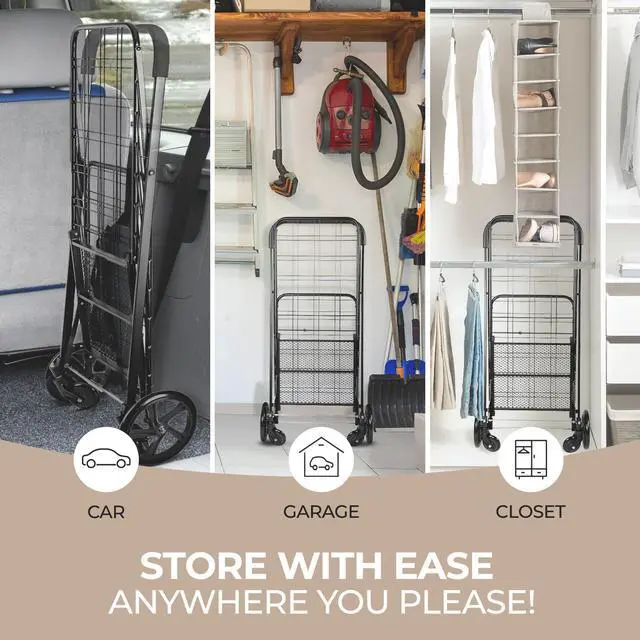 Alt view image 4 of 7 - Small Compact Folding Shopping Cart with Removable Waterproof Liner 360° Swivel Wheels, RustProof Steel Frame, 70lb Capacity Portable Grocery, Laundry & Travel Cart (Black)