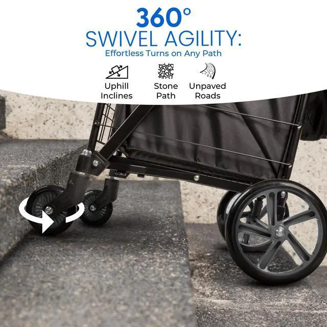 Alt view image 5 of 7 - Small Compact Folding Shopping Cart with Removable Waterproof Liner 360° Swivel Wheels, RustProof Steel Frame, 70lb Capacity Portable Grocery, Laundry & Travel Cart (Black)