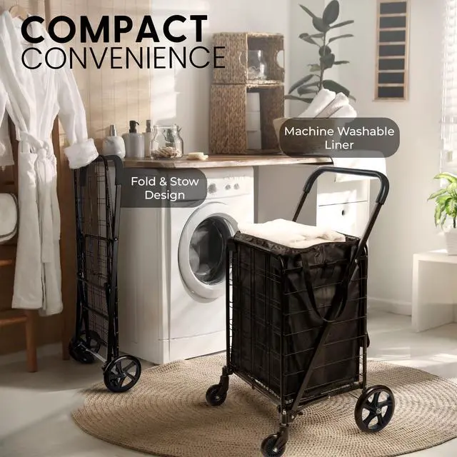 Alt view image 6 of 7 - Small Compact Folding Shopping Cart with Removable Waterproof Liner 360° Swivel Wheels, RustProof Steel Frame, 70lb Capacity Portable Grocery, Laundry & Travel Cart (Black)