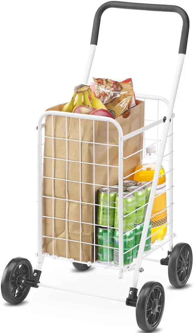 Alt view image 2 of 6 - Folding Utility Shopping Cart with Wheels, Heavy Duty Metal Grocery Cart, Portable Foam Handle, Rolling Collapsible Trolley for Groceries, Laundry, Storage, White