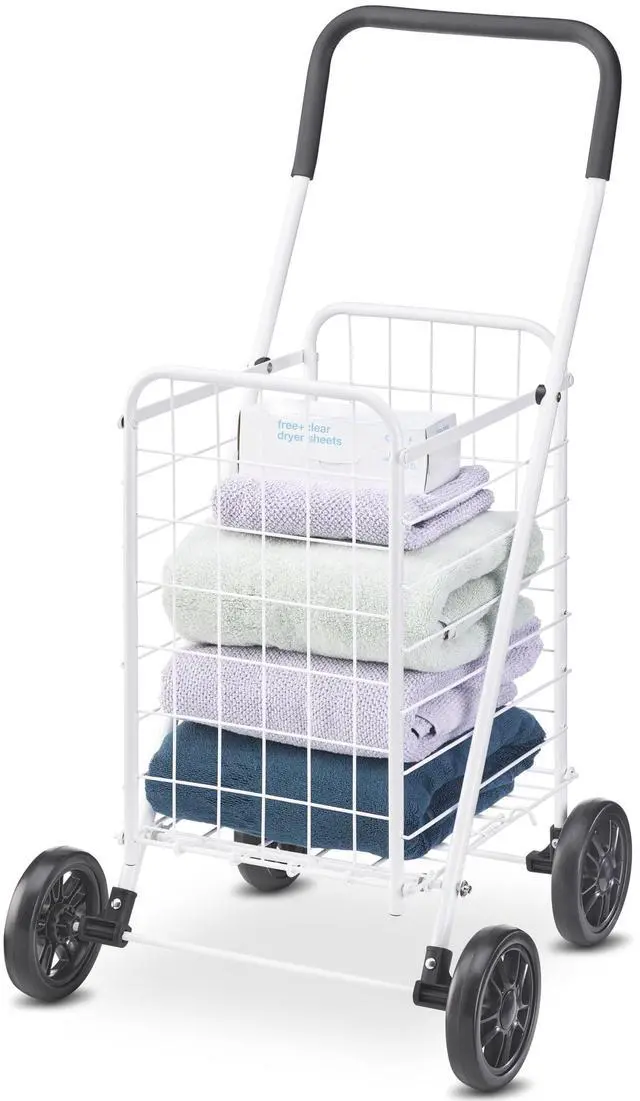 Alt view image 3 of 6 - Folding Utility Shopping Cart with Wheels, Heavy Duty Metal Grocery Cart, Portable Foam Handle, Rolling Collapsible Trolley for Groceries, Laundry, Storage, White
