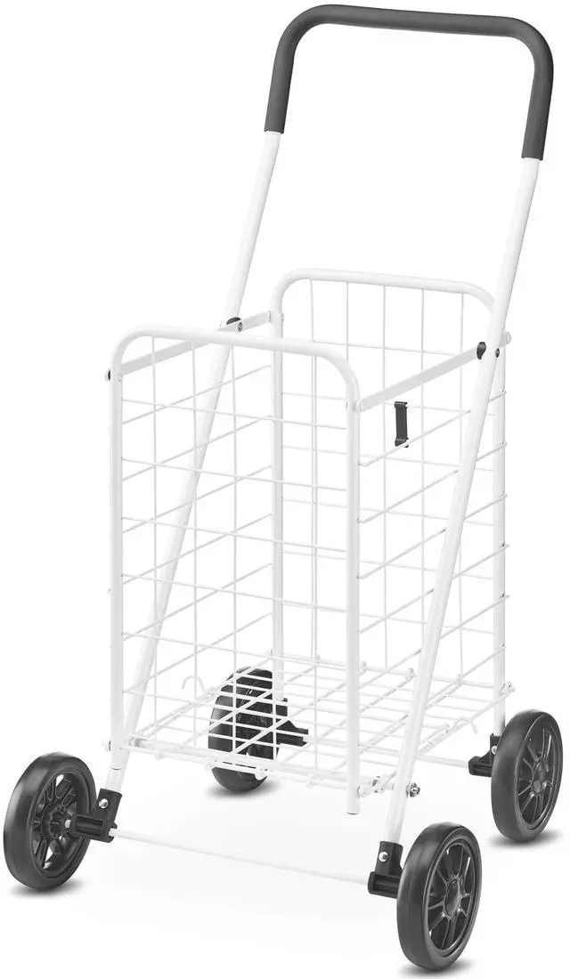Alt view image 4 of 6 - Folding Utility Shopping Cart with Wheels, Heavy Duty Metal Grocery Cart, Portable Foam Handle, Rolling Collapsible Trolley for Groceries, Laundry, Storage, White