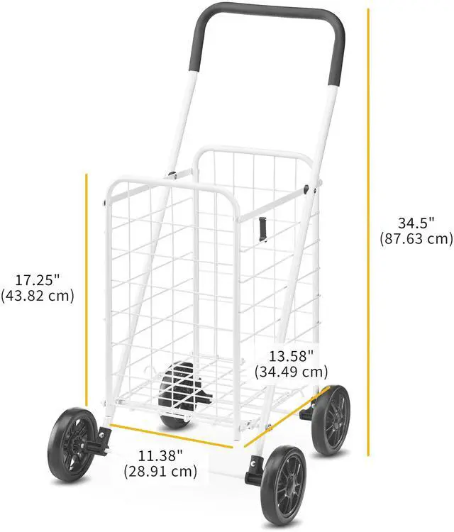 Alt view image 6 of 6 - Folding Utility Shopping Cart with Wheels, Heavy Duty Metal Grocery Cart, Portable Foam Handle, Rolling Collapsible Trolley for Groceries, Laundry, Storage, White