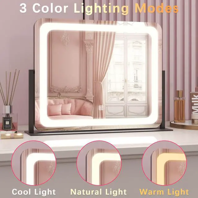 Alt view image 2 of 7 - 22x17 Inch Lighted Vanity Mirror with Dimmable LED Lights - 3 Color Modes, Smart Touch Control & 360° Rotating Base - Desk Makeup Mirror (Black)