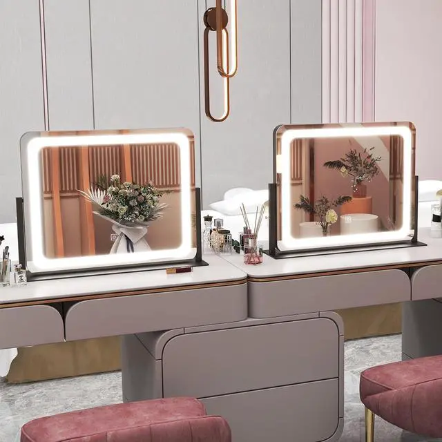 Alt view image 5 of 7 - 22x17 Inch Lighted Vanity Mirror with Dimmable LED Lights - 3 Color Modes, Smart Touch Control & 360° Rotating Base - Desk Makeup Mirror (Black)