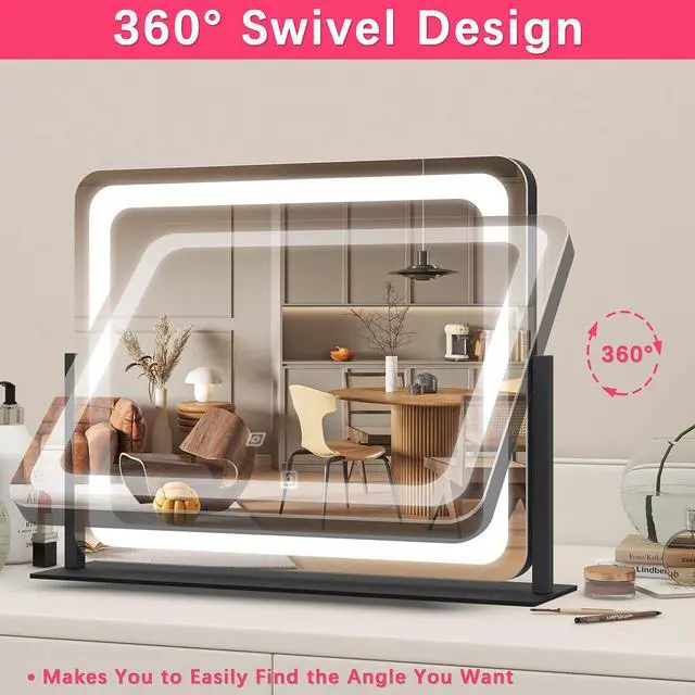 Alt view image 4 of 7 - 22x17 Inch Lighted Vanity Mirror with Dimmable LED Lights - 3 Color Modes, Smart Touch Control & 360° Rotating Base - Desk Makeup Mirror (Black)